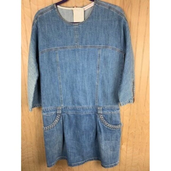 See By Chloe Size 36 Womens Denim Dress Stone Wash 3/4 Sleeve Drop Waist - Picture 1 of 4